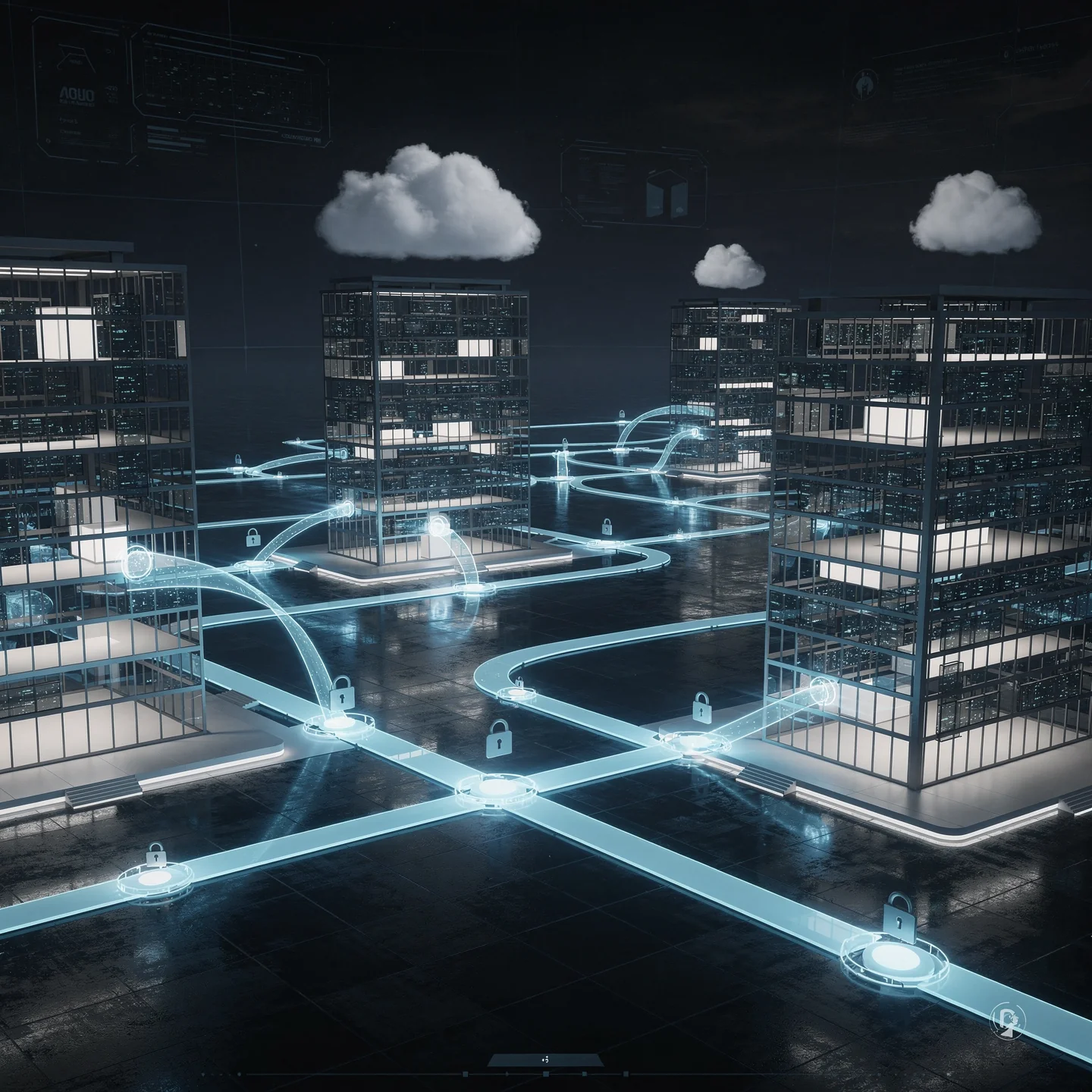 AI & Cloud Infrastructure - Secure cloud architecture with connected buildings and data flow