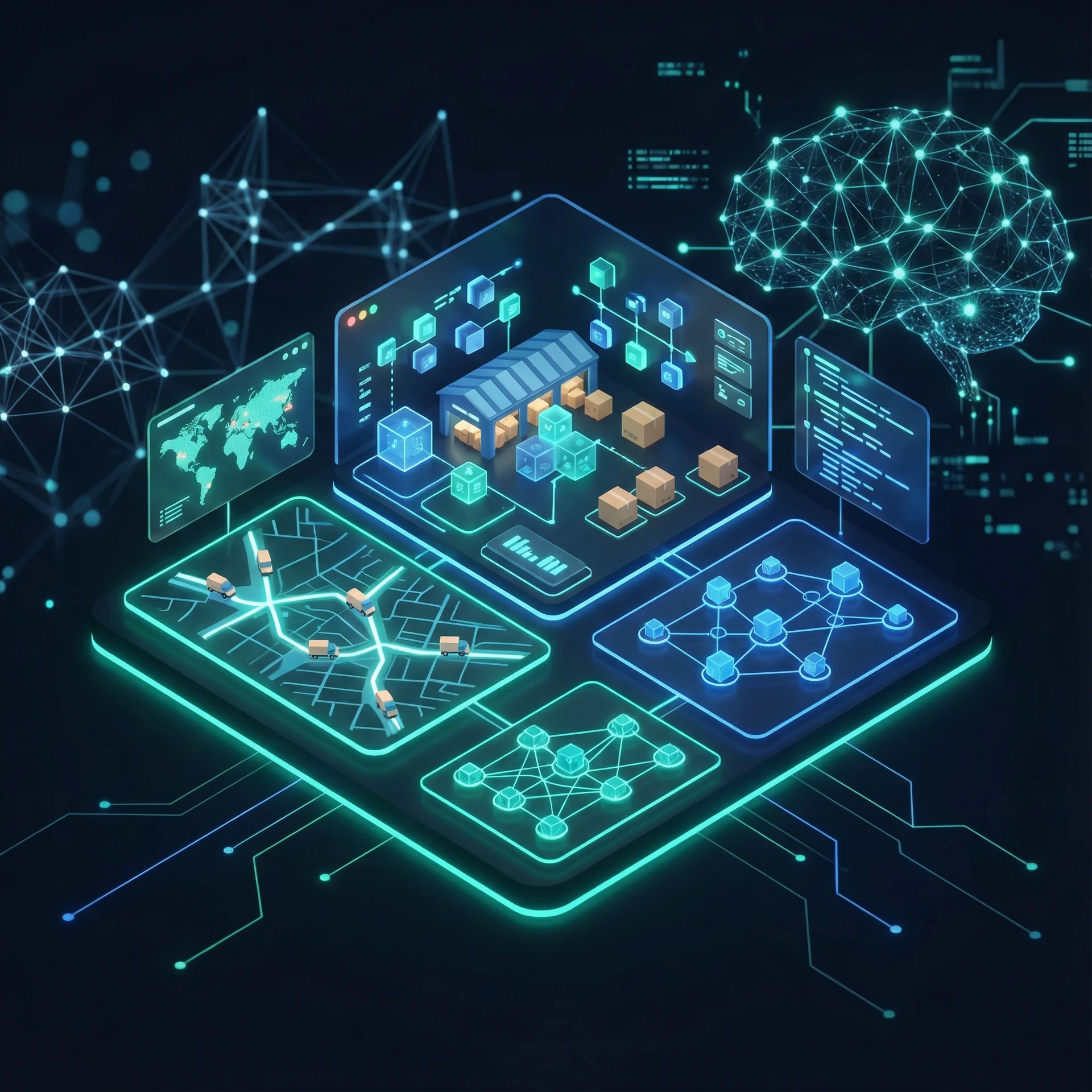 AI-powered logistics platform - isometric visualization showing warehouse, transportation network, and AI brain