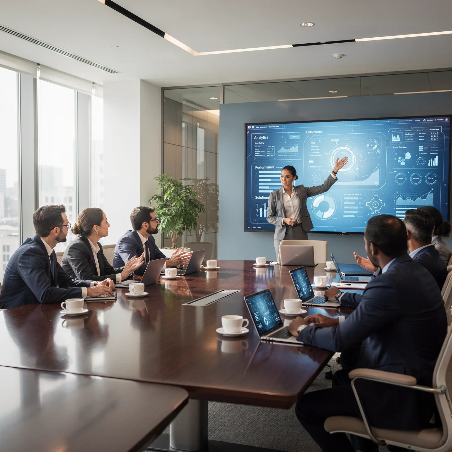 Business team meeting discussing logistics analytics and performance solutions