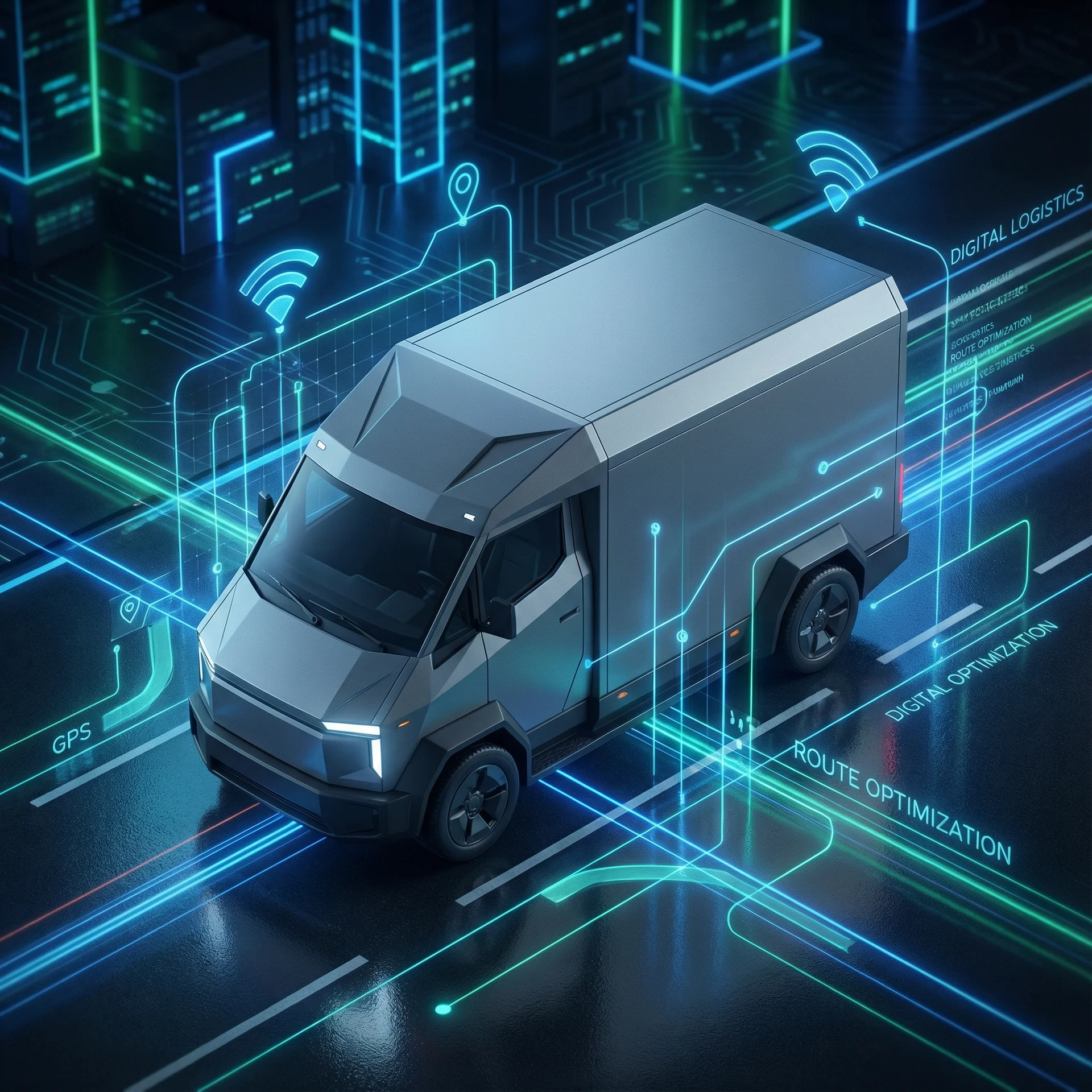 Transportation Management System - Futuristic connected truck with GPS tracking, route optimization and digital logistics